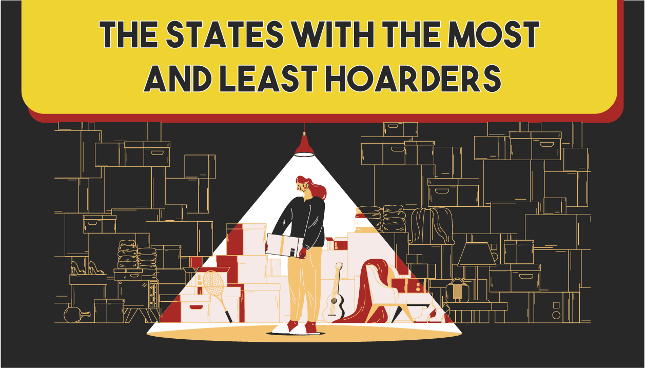 Image of woman with lots of boxes. Text above reads “the states with the most and least hoarders”